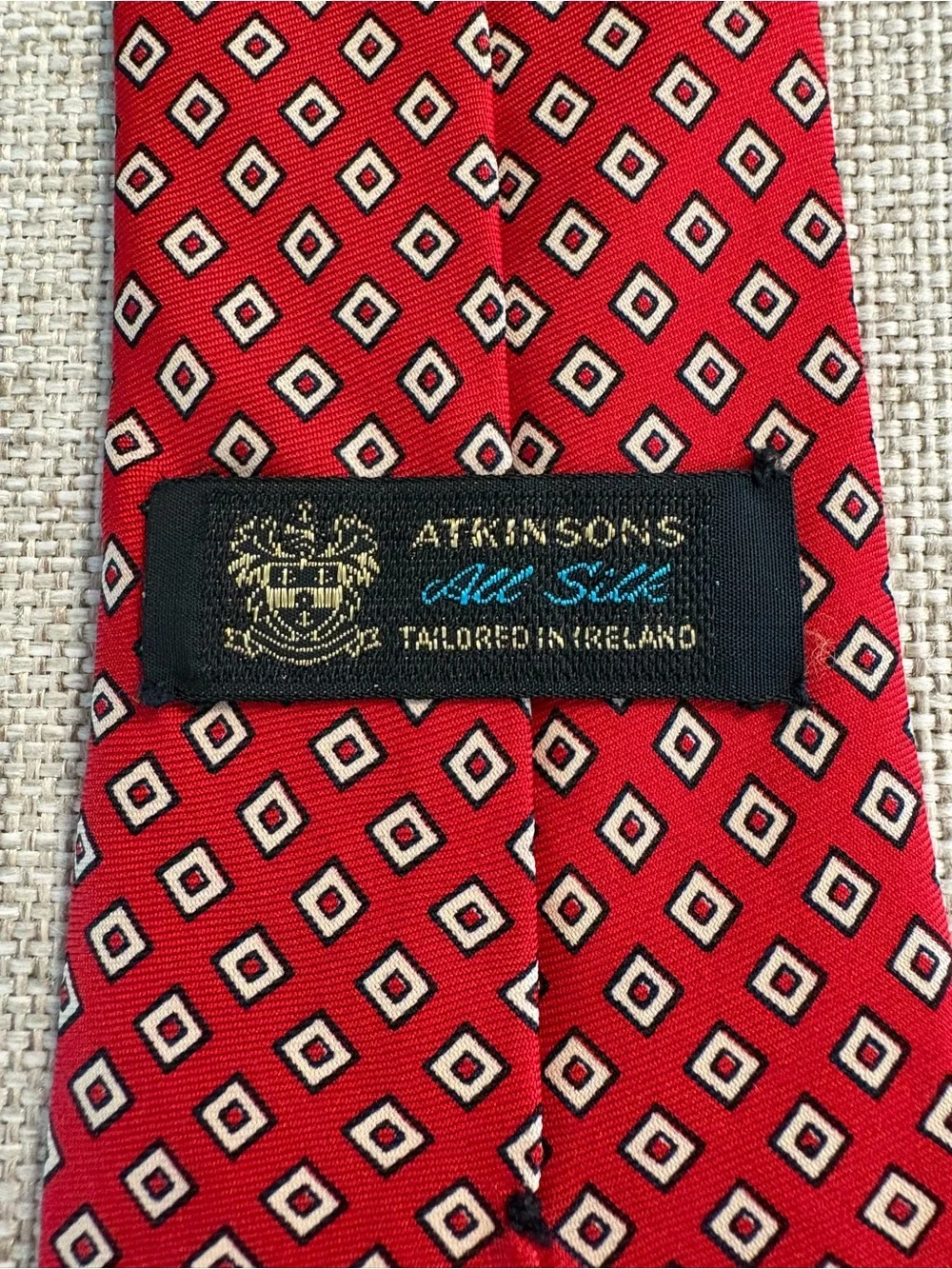 Vintage Atkinsons Irish Silk Tie Red Geometric Made Ireland 3” Sign O’ Whale